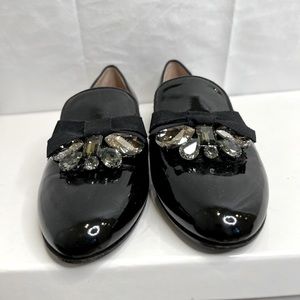 NWOB. Miu Miu Jewel Crystal Bow Black Patent Leather Loafers.